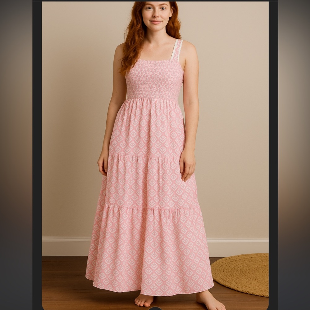 Lilbelle wavy printed pink maxi cotton dress Indian fabric $250 S boho casual